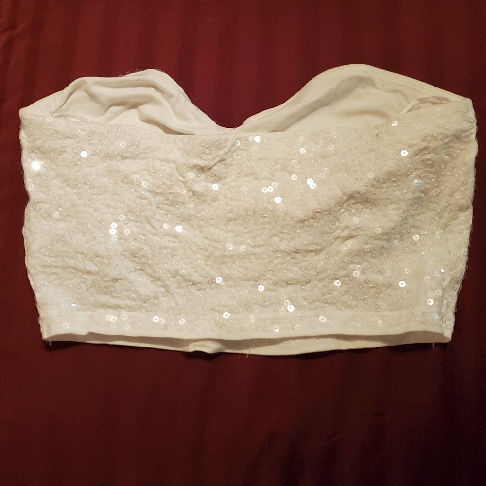 Express Super Sexy Stretch Sequin Crop Tube Top Sz L Light Creme Color - Picture 2 of 5